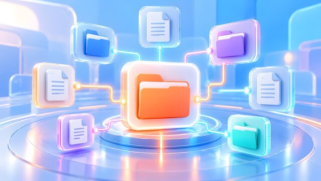 Central digital folder connected to surrounding colorful document icons on a circular platform representing centralized data distribution and secure file sharing