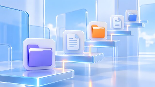 Digital folders and documents ascending on translucent glass steps connected by glowing lines symbolizing data migration and progressive workflow optimization