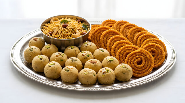 Traditional Indian Diwali snacks assortment, besan ladoo and murukku chakli platter, festive sweet and savory snacks for celebration