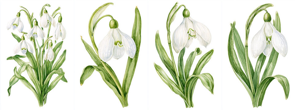 Set of four watercolor botanical illustrations of Snowdrop with delicate white drooping bell-shaped flower and slender green leaves, January birth month flower on white background