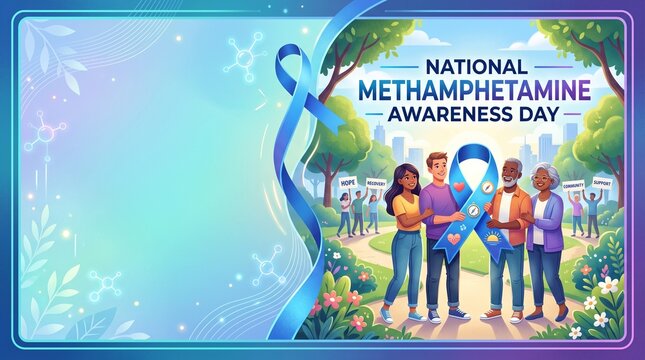 National methamphetamine awareness day banner featuring a blue ribbon and a supportive community group