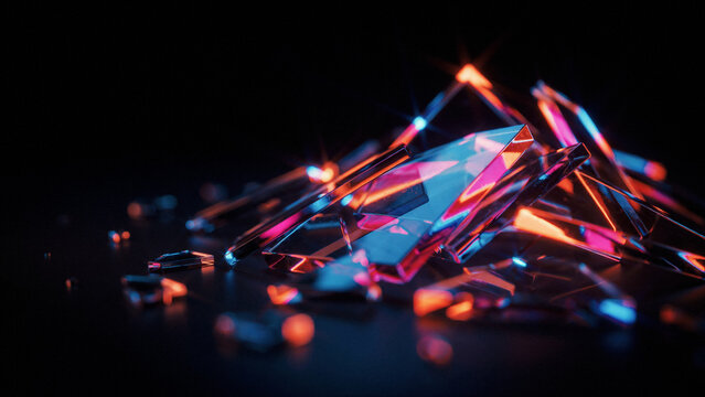 Abstract composition of shards of broken glass glowing with neon light in darkness abstract darkness shattered refraction reflection spectrum colorful geometric creative artistic background