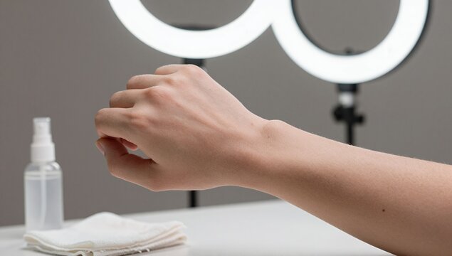 Close Up of a Person s Hand Reaching Toward a Spray Bottle and White Wipes on a White Surface in a Professional Studio Setting with Ring Lights