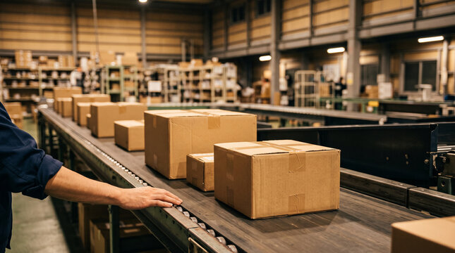 ベルトコンベアでの荷物の仕分けのクローズアップ：EC時代を支える自動化物流センター