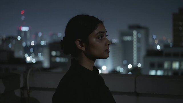 Tilting chin upward, woman in jacket reacting to skyline lights gazing on parapet, cable