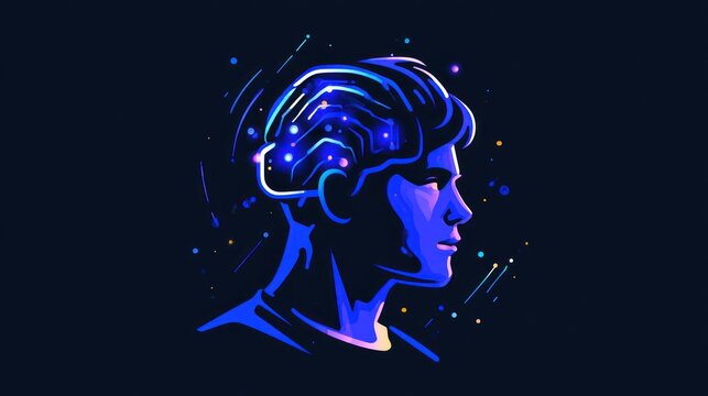 A man with a futuristic brain design, wearing headphones, against a dark background with colorful lights.
