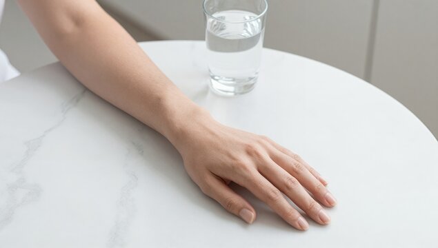 Close Up of a Woman s Hand Resting on a White Marble Table Next to a Glass of Clear Water in a Bright Minimalist Modern Interior Setting