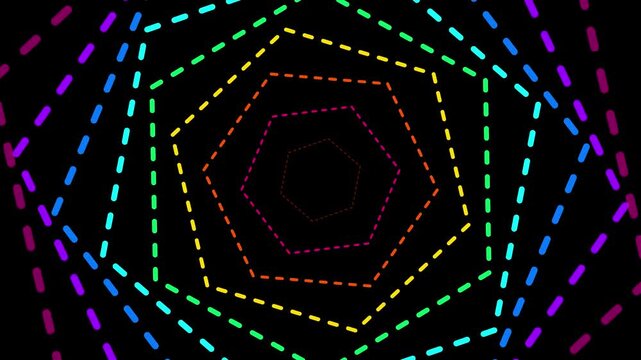 Neon colorful dashed lines forming a hypnotic geometric tunnel shape moving in dark cyberspace video footage