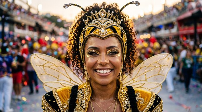 Mulher brasileira sorrindo com fantasia de abelha dourada no desfile de carnaval