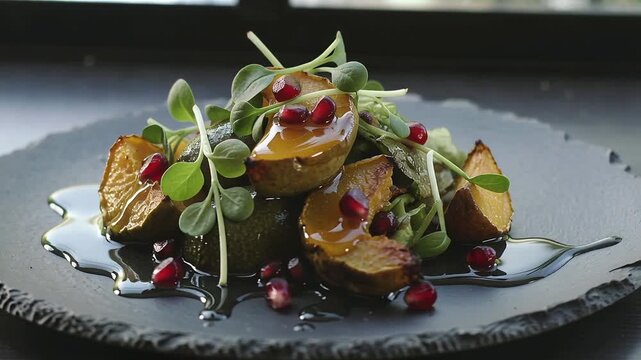 Starting dressing stream pouring to glaze baby zucchini on slate plate by window, with pomegranate