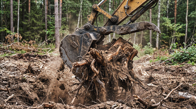 Excavator grapple bucket removing large tree stump with roots during forest land clearing work.