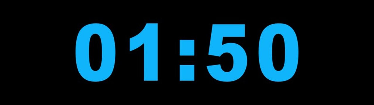 Countdown Digital Clock Animation 2 minute to 0 second on black background. Countdown clock timer. Countdown timer from 2 minute to 0 second suitable for presentations, educational.