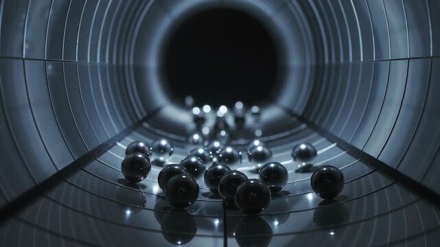 Releasing dark aperture sending polished spheres rolling through lit ribbed tube, glinting on tiles