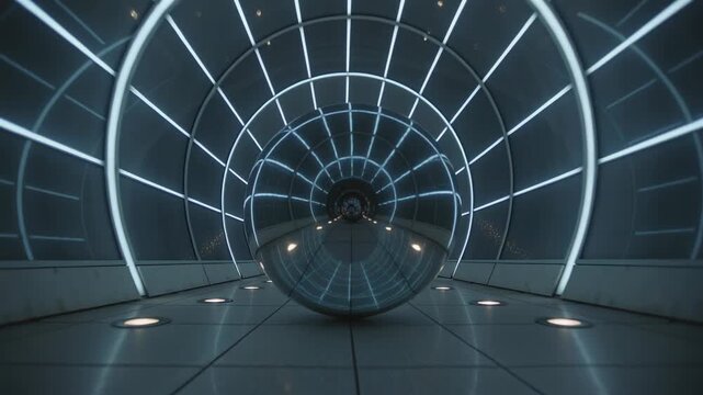 Camera moving forward toward chrome sphere, showing lit tunnel reflections and symmetry on rooftop