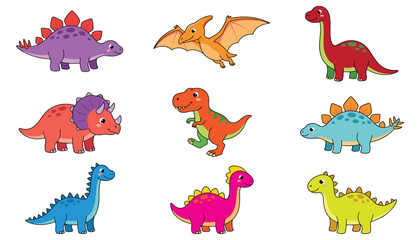 Cute cartoon dinosaur character vector set. Tyrannosaurus, triceratops, stegosaurus, pterodactyl, brontosaurus, prehistoric and reptile. © ATIFA