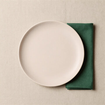 Street Art Linen Utensil. Empty Beige Plate With Green Napkin On A Beige Linen Background, Top View, Flat Lay Style