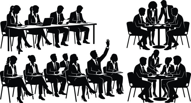 Black silhouette vector set of business people attending seminars, workshops, and corporate training meetings