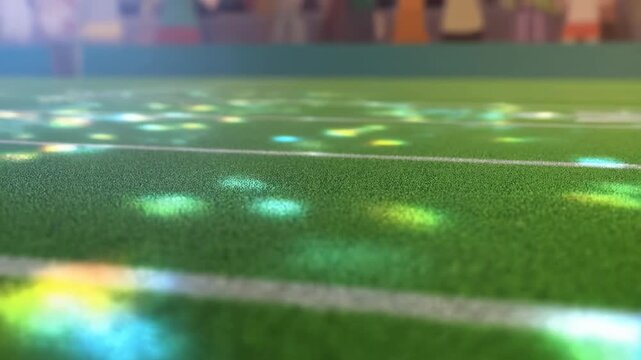 Animated glowing markings on artificial turf field under dynamic lighting with glowing white colored