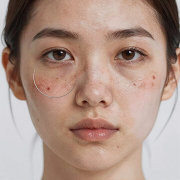 Character Concept Skin Zoom. Circles Highlight Acne And Couperose On Young Woman'S Skin