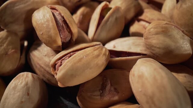 Close up of roasted pistachios with shells cracked open revealing nutritious kernel inside.