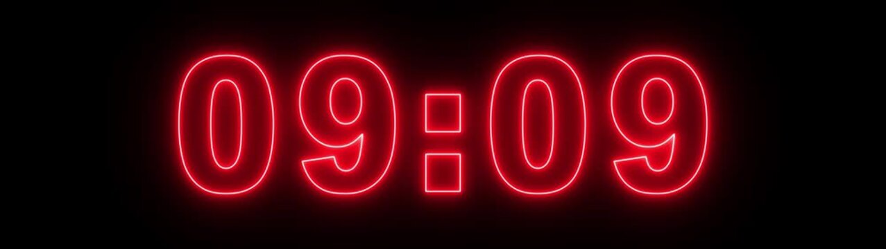glowing neon 10 minute Countdown. neon 10 to 0 minute Countdown timer on black background . animation from 600 seconds to 0 seconds. 10 minute countdown timer on a black background. 4k video