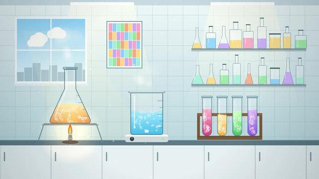 Chemistry laboratory with bubbling Erlenmeyer flask, beaker on stirrer and test tubes, 2D animation loop