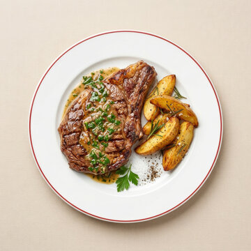 Grilled ribeye steak with fresh herb sauce and rustic rosemary potatoes, served on a white plate