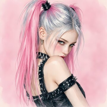 ピンクツインテールのパンクな女性