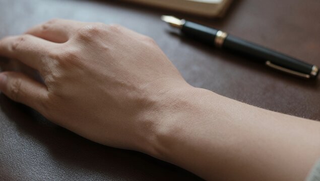 Close-up of a Person s Hand Resting on a Dark Leather Surface with a Classic Fountain Pen and Notebook in a Professional Workspace Setting