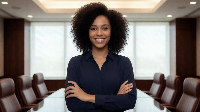 Confident African American businesswoman standing in a modern corporate conference room with arms crossed, smiling professional woman in elegant dark shirt in office setting