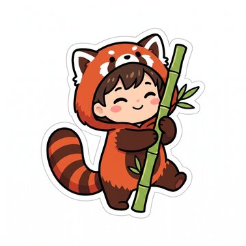 Adorable Cute Chibi Toddler Wearing a Red Panda Animal Onesie Costume Holding a Green Bamboo Stalk Vector Sticker Illustration