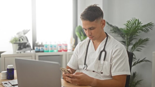 Man wearing stethoscope scrolling a smartphone while seated at a clinic desk with laptop, microscope and medicine bottles visible; professional care confidence.
