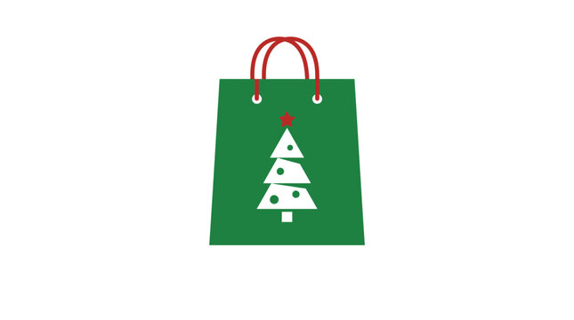 Flat green shopping bag with white Christmas tree icon. Festive holiday gift vector. Minimalist retail packaging design.