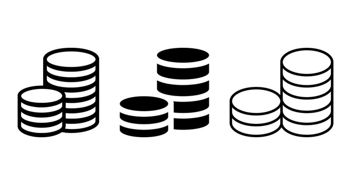 Stacked coin icon set, outline and solid style, finance and currency symbols on transparent background Png
