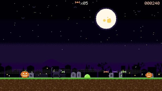 Black cat endless runner, Halloween pixel art game, full moon graveyard, retro arcade