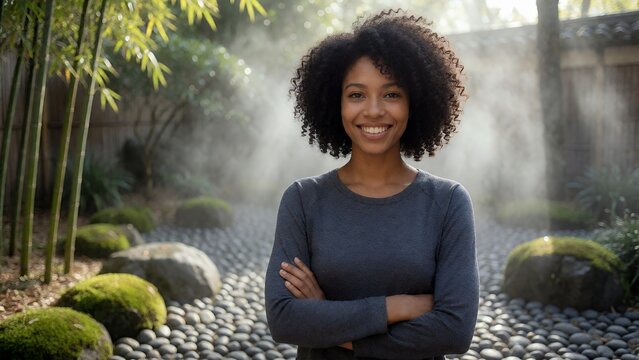 Confident Young African American Woman Smiling with Crossed Arms in a Serene Zen Garden Featuring Bamboo Plants, Mossy Stones, and Atmospheric Morning Mist in Soft Natural Light