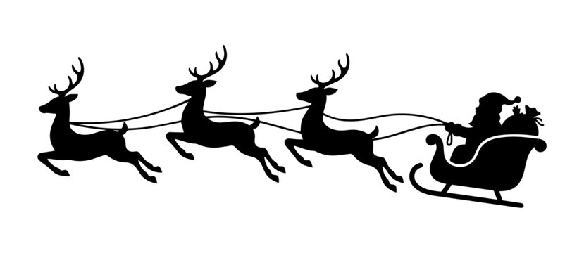 Santa claus riding a sleigh pulled by reindeer silhouette with flying sleigh vector illustration holiday transport reindeer team