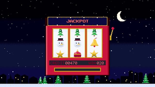 Christmas pixel art slot machine jackpot, retro arcade game, festive holiday celebration