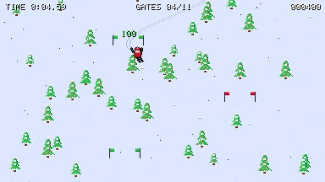 Pixel art skier, retro Christmas slalom, falling snow, finish line, festive arcade game