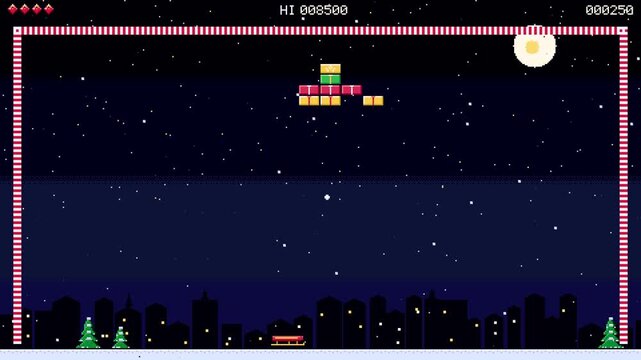 Christmas retro pixel-art game, sleigh paddle, snowball action, festive cityscape