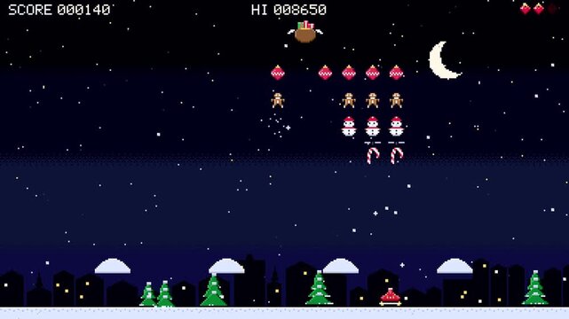 Christmas pixel arcade game, sleigh shooting enemies, snowy village night, retro style