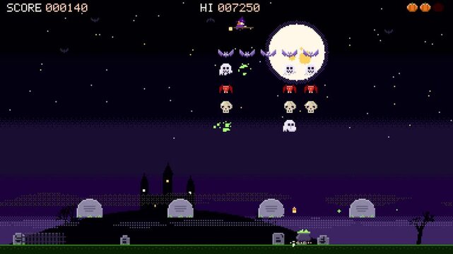 Halloween pixel-art arcade game, cauldron shooting candy corn at monsters, spooky castle scene