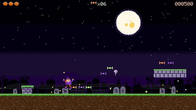 Pixel art witch navigates retro Halloween platform game, haunted graveyard