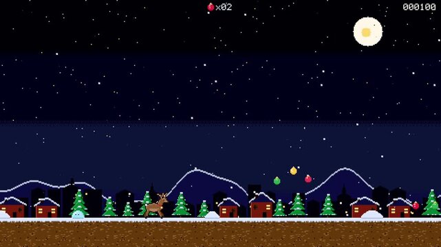 Reindeer galloping, pixel art Christmas endless runner, snowy village night, festive