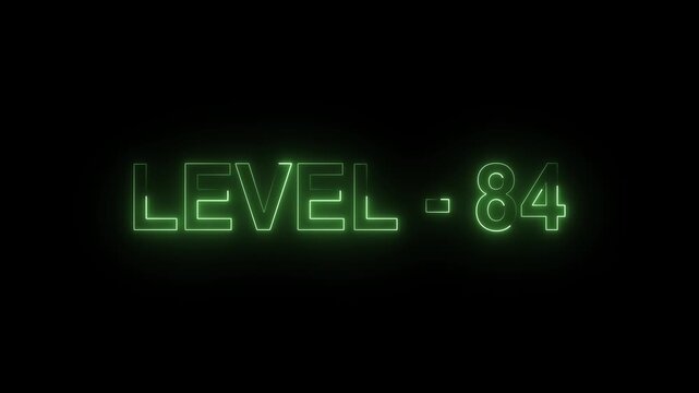 Glowing level-84 text with glitch effects animation. game concept next level icon isolated .on Black background. 4k VIdeo animation .