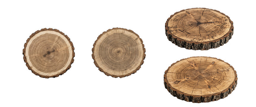 Set of wooden round cross sections of tree trunks isolated on transparent background