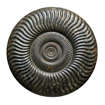 Ancient ammonite fossil shell isolated on white background