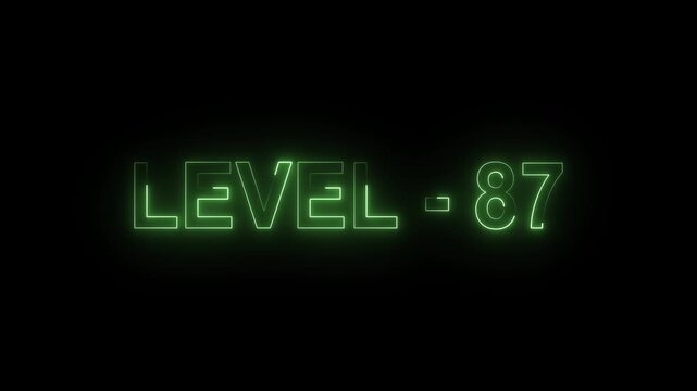 Glowing level-87 text with glitch effects animation. game concept next level icon isolated .on Black background. 4k VIdeo animation .