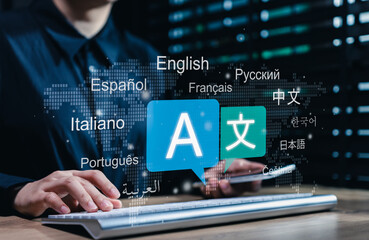 Multilingual language translation technology concept. Woman typing keyboard with icons languages, global language translate, multilingual communication, international connections, AI translator © Sandwish