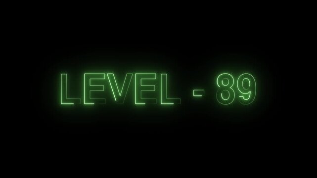 Glowing level-89 text with glitch effects animation. game concept next level icon isolated .on Black background. 4k VIdeo animation .